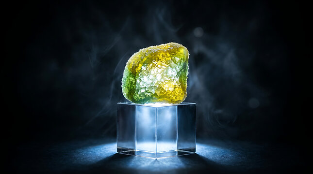 Illuminated sour candy with citric crystals displayed on a geometric pedestal with atmospheric smoke