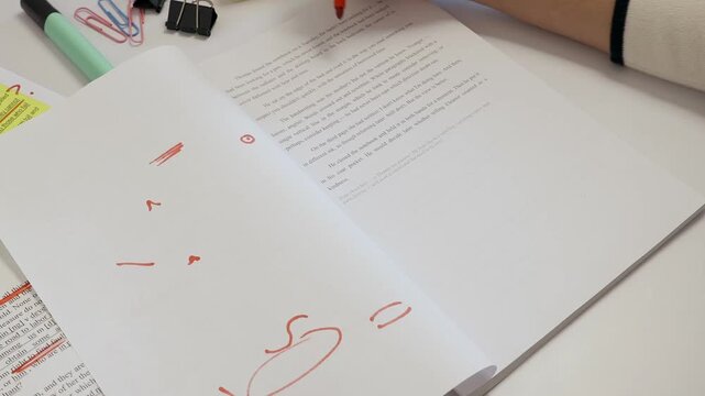 Woman editor proofreading chapters of book and make red marks in script. Closeup of reading text and find mistakes, checking for errors and using artificial intelligence to write texts and books