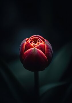 A single tightly closed flower bud sits in shadow, isolated from light, showcasing a sense of retreat and quiet solitude in nature, detail, plant, bud