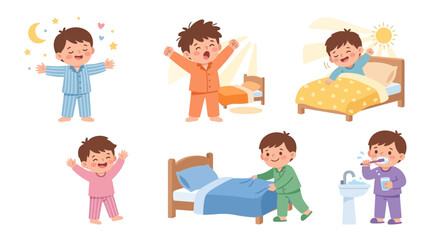 Fototapeta premium Children waking up and getting ready for the day in cozy pajamas and morning routines with playful expressions and activities in