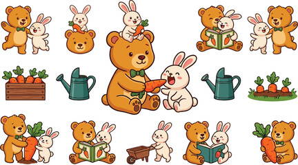 Cute Bear and Bunny Friendship Collection Featuring Adorable Animal Friends Reading Books Gardening Carrots Watering Plants and Cartoon Character Illustrations