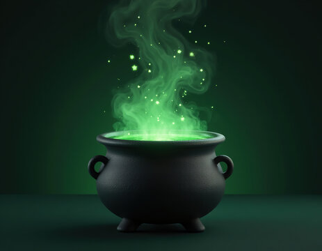 Black witch cauldron with bubbling green magic potion and glowing smoke sparkles on dark green background