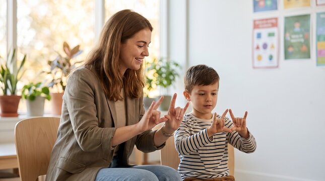 Teaching sign language, Woman and boy using sign language in classroom