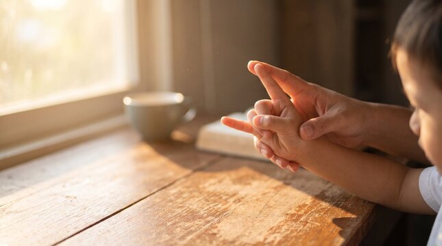 Parent teaching sign language, Parent teaching child to make sign of the cross, 