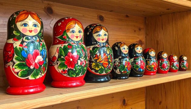 Set of traditional Russian nesting matryoshka dolls arranged in order of size on a wooden shelf