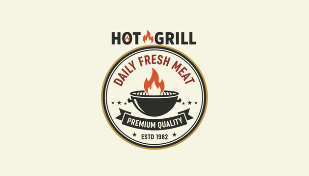 Premium quality hot grill restaurant logo emblem featuring a blazing fire over barbecue bowl on cream background.
