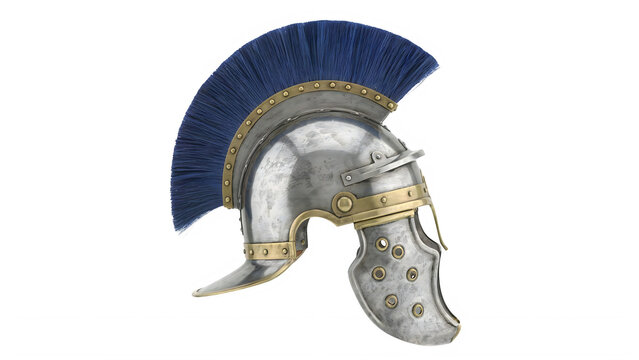 Roman centurion helmet with blue crest. Ancient warrior armor isolated on white background.