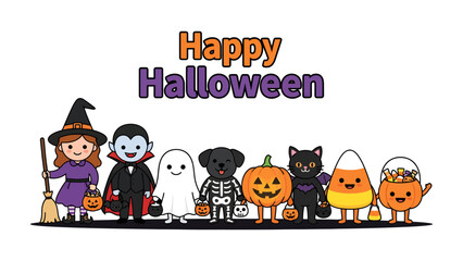 Fototapeta premium Happy Halloween Greeting: A charming collection of festive characters, including a witch, vampire, ghost, skeleton dog, pumpkin, black cat, and candy corn figures.
