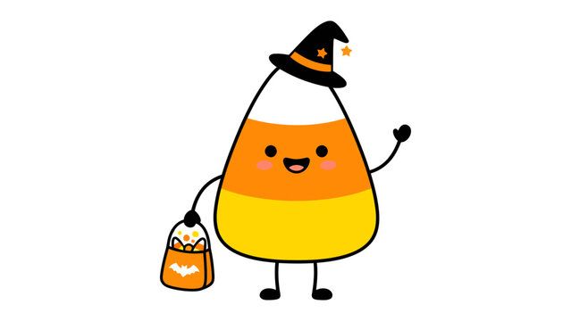 Kawaii Candy Corn Witch: A cute, anthropomorphic candy corn character dressed as a witch, complete with a pointed hat and carrying a trick-or-treat bag filled with candy, ready for Halloween fun.