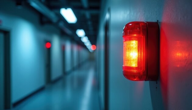 Bright red emergency alarm light glows on modern office corridor wall. Flashing fire warning beacon signals danger in industrial facility hallway. Blue blurred background creates sharp contrast with