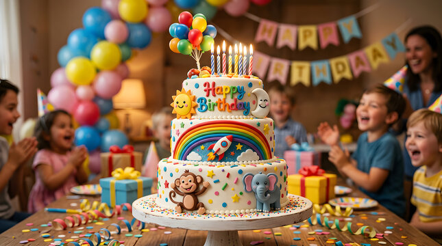 Large tiered happy birthday cake with burning candles at kids party. Cheerful children celebrating birthday with colorful balloons, gifts, and decorations.