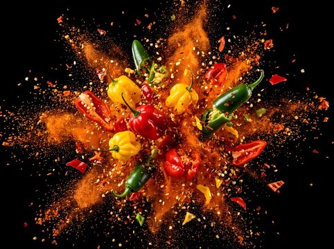 Exploding chili peppers vibrant spice burst on black background