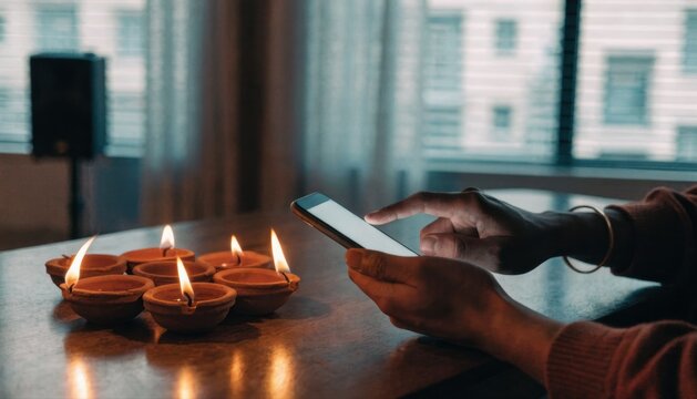 A person holding a smartphone near a set of lit traditional oil lamps on a wooden table, with a softly lit window in the background.