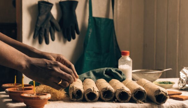 A person is preparing traditional rolled food items on a flour-dusted surface with various ingredients and cooking tools in the background.