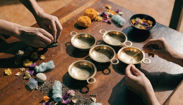 Two people arranging crystals and lighting candles on a wooden table adorned with flowers and bowls, suggesting a spiritual or ritualistic setting.