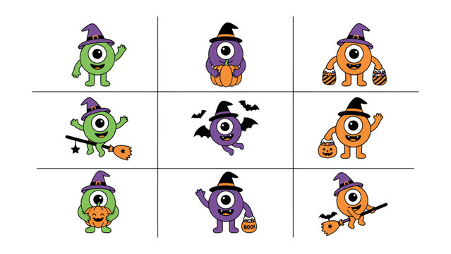 Tic Tac Toe Monsters: A playful rendition of the classic Tic Tac Toe game featuring a grid filled with adorable, whimsical monsters dressed in Halloween costumes, ready for a spooky game.