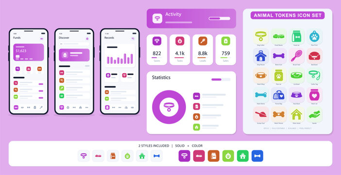 animal tokens icon set with mobile app screens for funds, discover, records and activity showing finance and statistics on purple background vector.