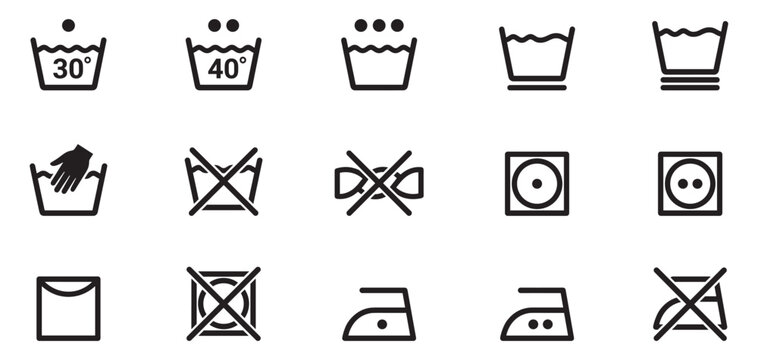 Laundry care instruction icon set. Garment washing and fabric ironing textile symbol collection. Vector illustration.