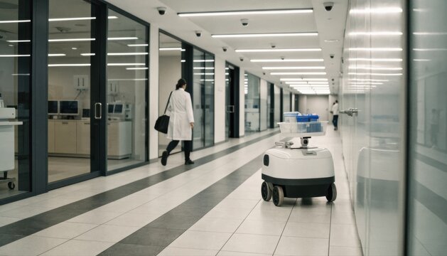 A modern indoor corridor with a person in white coat walking and a delivery robot navigating the hallway, showcasing futuristic office or hospital environment.