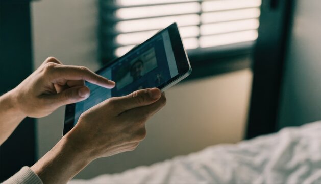 Person using a tablet in a dimly lit room near a window with blinds, focusing on the device screen.