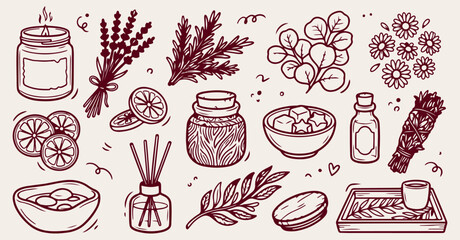 hand drawn botanical spa seamless pattern, vintage lavender eucalyptus vector illustration, dark red bath salt line art background, reed diffuser sketch fabric print design, aromatherapy wallpaper pat © Geetaroy