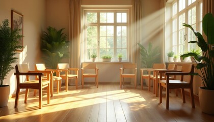 Fototapeta premium Empty wooden chairs form circle in bright sunny room for group therapy. Modern interior design includes green plants, warm light beams from window. Calm space helps patients feel support, relaxation
