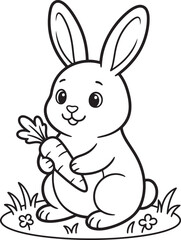 Fototapeta premium Cute bunny rabbit holding carrot on grass coloring page for kids vector illustration