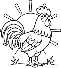 Fototapeta premium Cute rooster standing on grass with rising sun coloring page for kids vector illustration