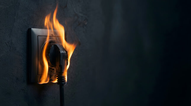Electrical socket burning with a black power plug inside showing fire flames and smoke on a dark grey wall background