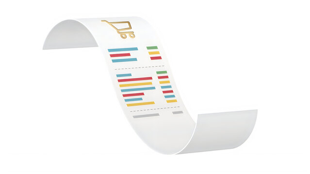 Long paper shopping receipt. Retail purchase bill isolated on transparent background.
