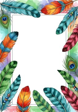 Colorful feather frame border with peacock plumes and watercolor accents on white background, isolated and ready for design use on invitations, posters, and greeting cards.