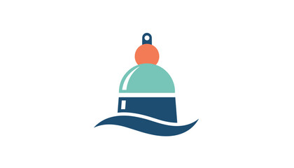 Fototapeta premium Minimalist abstract logo icon representing a marine navigation buoy or bell floating on gentle dark blue waves.