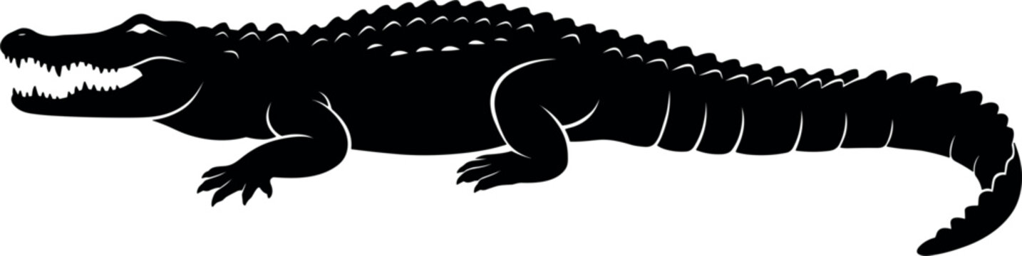Black alligator silhouette isolated on white background vector illustration side view flat icon logo template for wild reptile swamp nature and sports mascot branding themes