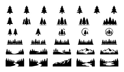 Obraz premium Minimal evergreen forest silhouette vector collection with woodland landscape elements