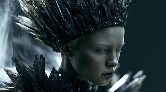 Prompt: A masterclass fashion dreamscape portrait. A model with pale skin and hollow eyes wears a towering, structured avant-garde crown made of dark, smoky crystal ice that slowly evaporates 