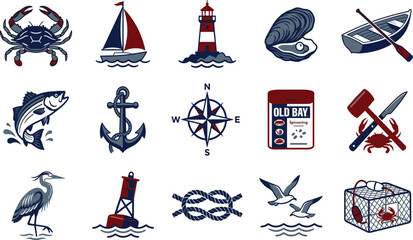 Nautical maritime vector icon set with crab lighthouse anchor sailboat and seafood theme elements © MdShoriful