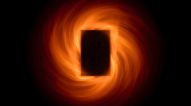 Electric wall outlet surrounded by a swirling glowing orange vortex of energy against a solid dark black background