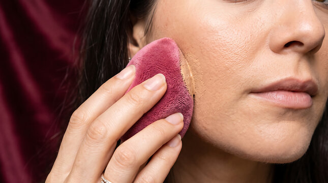 Close up of woman hand applying liquid foundation concealer on cheek using pink powder puff beauty sponge blender cosmetic tool for flawless face skin makeup routine