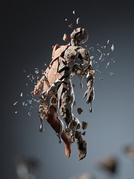 The breaking apart of a human form, a powerful metaphor for mental breakdown, shattered psyche, or loss of self