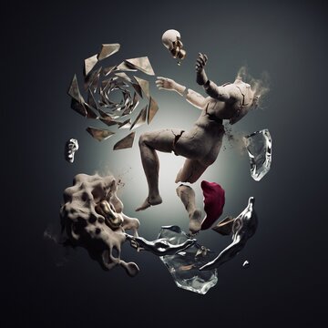 An abstract artwork depicting a falling figure surrounded by fragmented objects and swirling shapes, evoking a sense of existential crisis and disarray