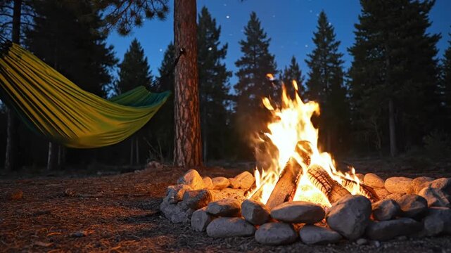 A glowing campfire burns in a stone ring at night in a forest clearing next to a green hammock hanging between trees under a dark blue twilight sky with sparks and embers.
