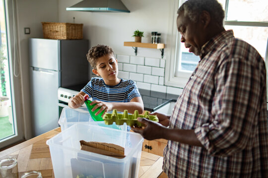 Senior man and boy sorting recycling in home kitchen