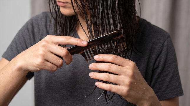 Close up of woman hands combing wide tooth comb through wet dark hair after washing or shower for detangling and haircare routine morning grooming hygiene concept at home