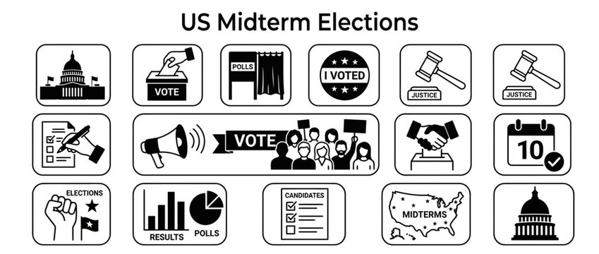 US Midterm Elections Icons: Voting, Government, Campaigning, Results, and Democracy