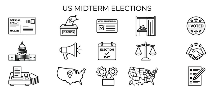 US Midterm Elections Icons: Voting, Government, Law, and Democracy Symbols