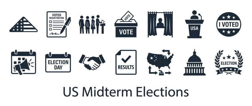 US Midterm Elections Icons: Voting, Politics, Government, Democracy, Civic Duty