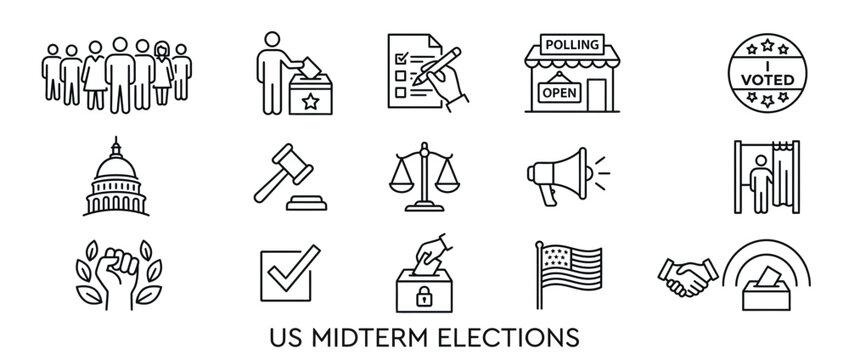 US Midterm Elections Icons: Voting, Government, Justice, and Civic Engagement