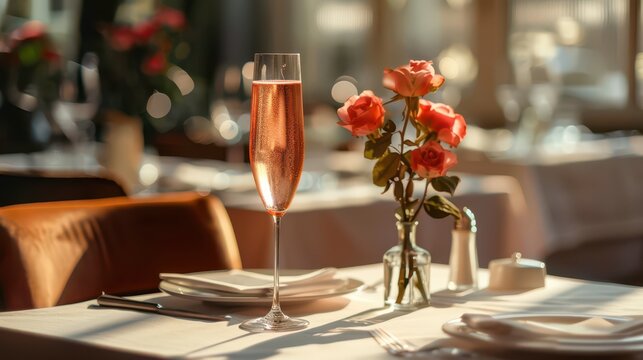 Elegant mothers day brunch table setting with rose bouquet and sparkling rose wine for greeting card and banner design