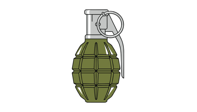 Detailed vector illustration of a classic green military hand grenade with its pin and safety lever on white background.