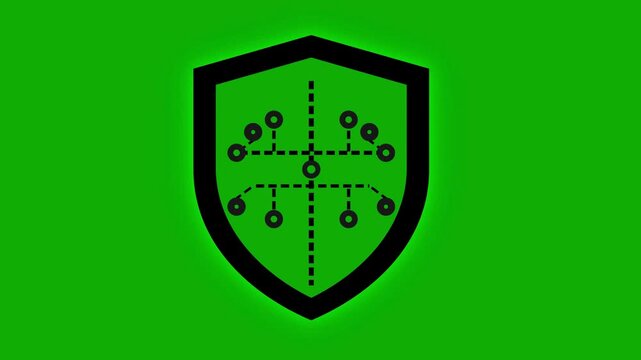 Digital shield security icon with circuit board pattern on green screen